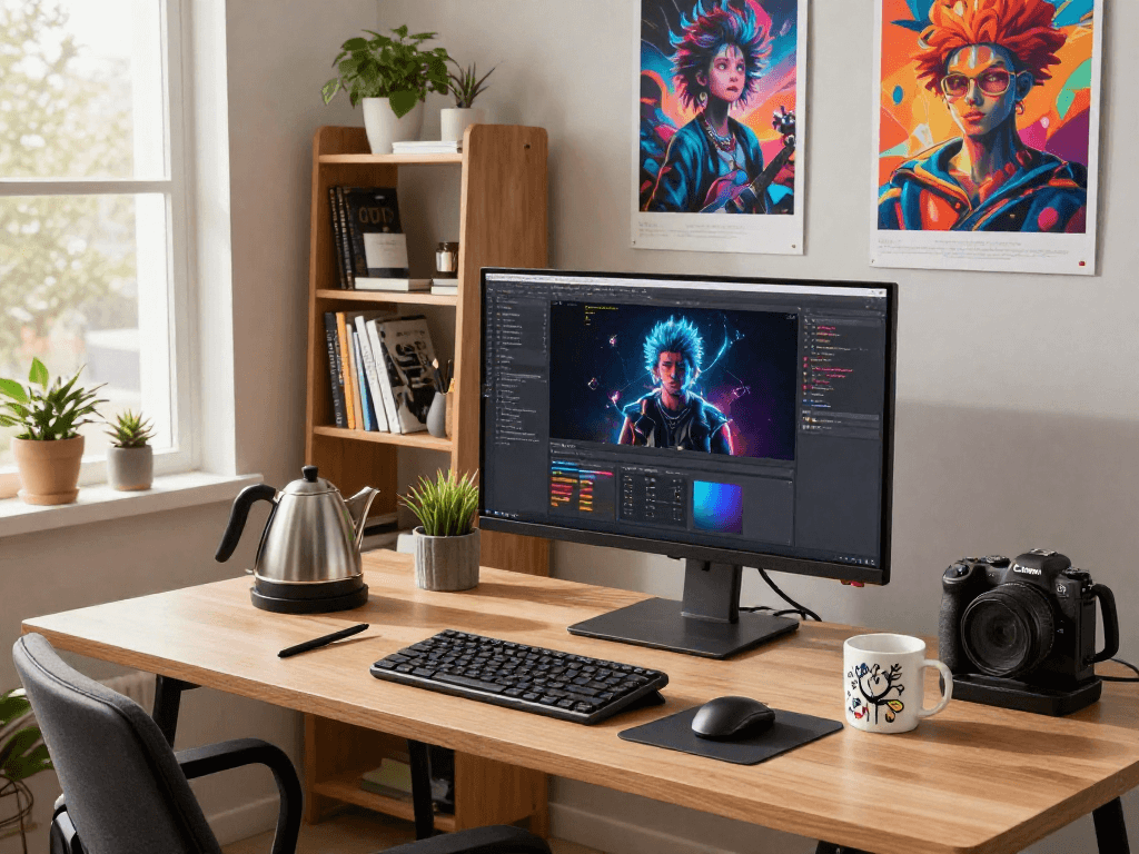 Creative digital artist designing AI NSFW content in a vibrant workspace.