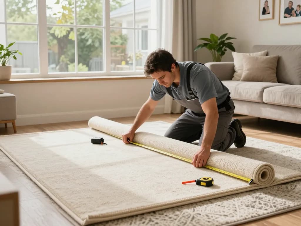 Professional carpet fitters near me installing carpet in a cozy living room.