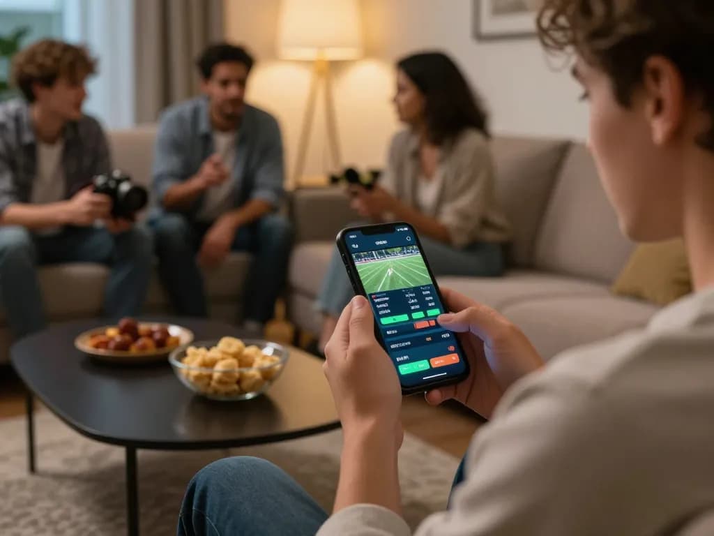 Fabet offers exciting sports betting action on a cozy home couch with live odds displayed on smartphone.