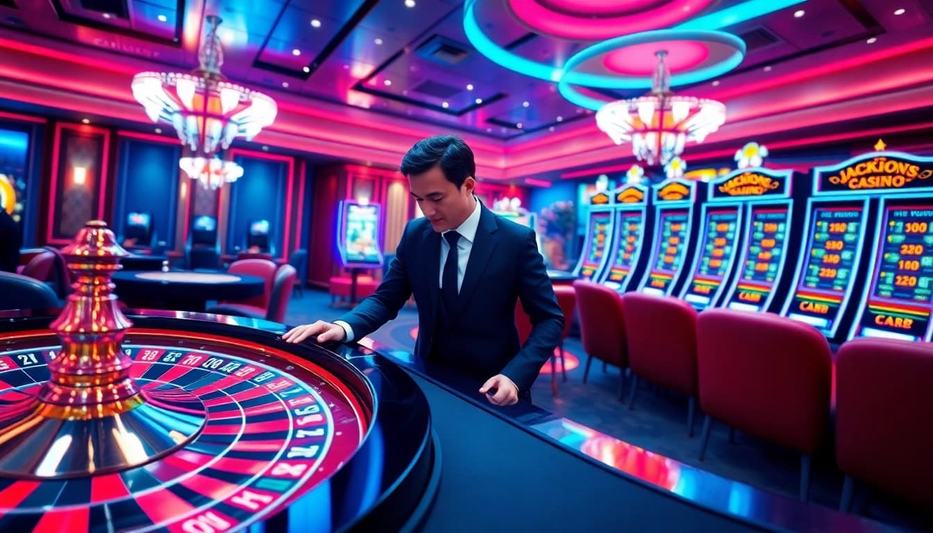 Experience the excitement of Luck8 with a vibrant casino scene featuring roulette and poker.