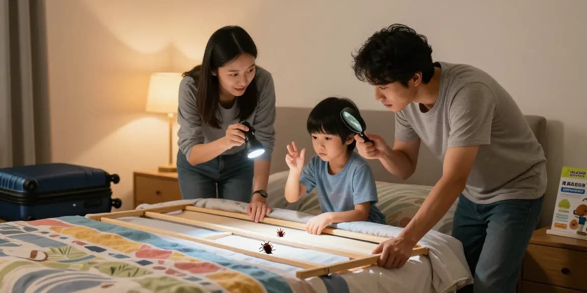 Family using bed bug control methods in a cozy bedroom, inspecting for pests.