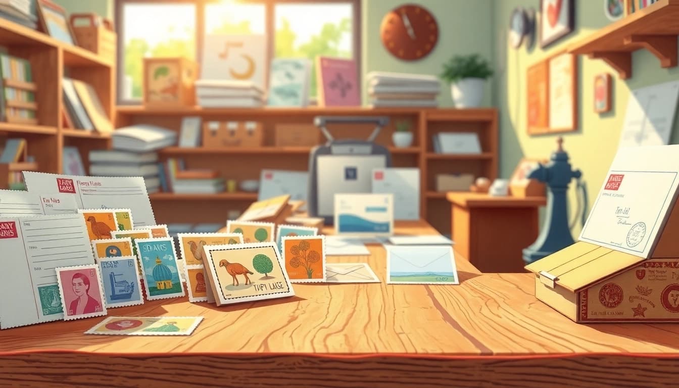 Discover affordable large letter stamps at a charming post office setup, perfect for your mailing needs.