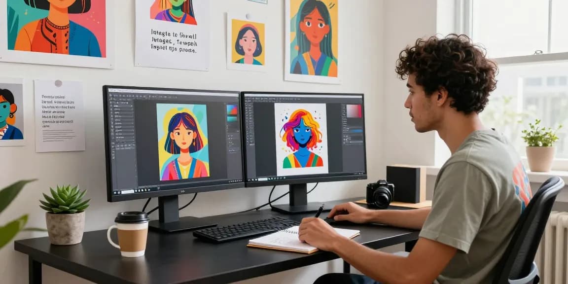 AI artist using an image to prompt generator in a creative workspace, vibrant visuals on screens, inspirational atmosphere