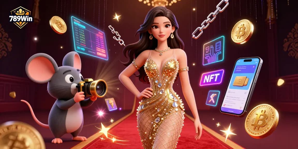 Play and win big with 789Win in a dazzling casino-themed illustration featuring vibrant crypto elements.