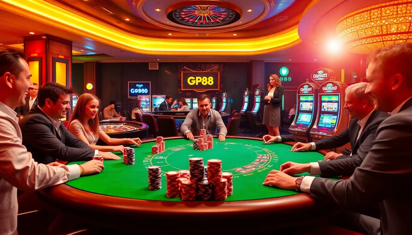 Engaged players enjoying poker at PG88 casino table with vibrant chips and roulette