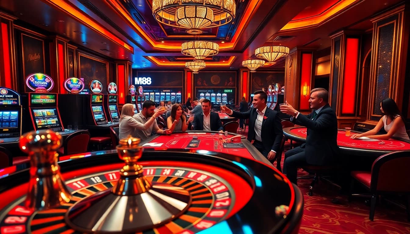 MM88 casino scene featuring poker tables, vibrant lights, and engaged players.