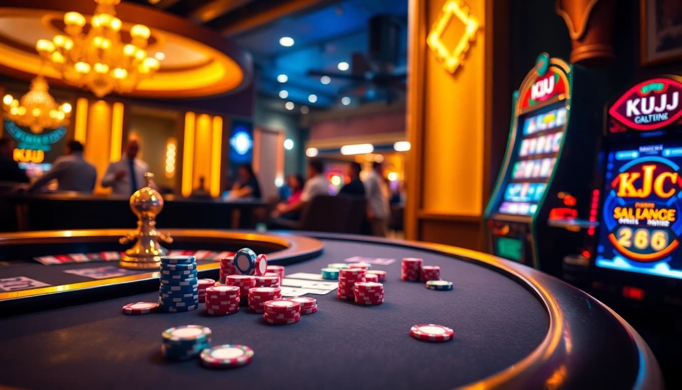 KJC poker table with vibrant chips and cards amidst an exciting casino atmosphere.