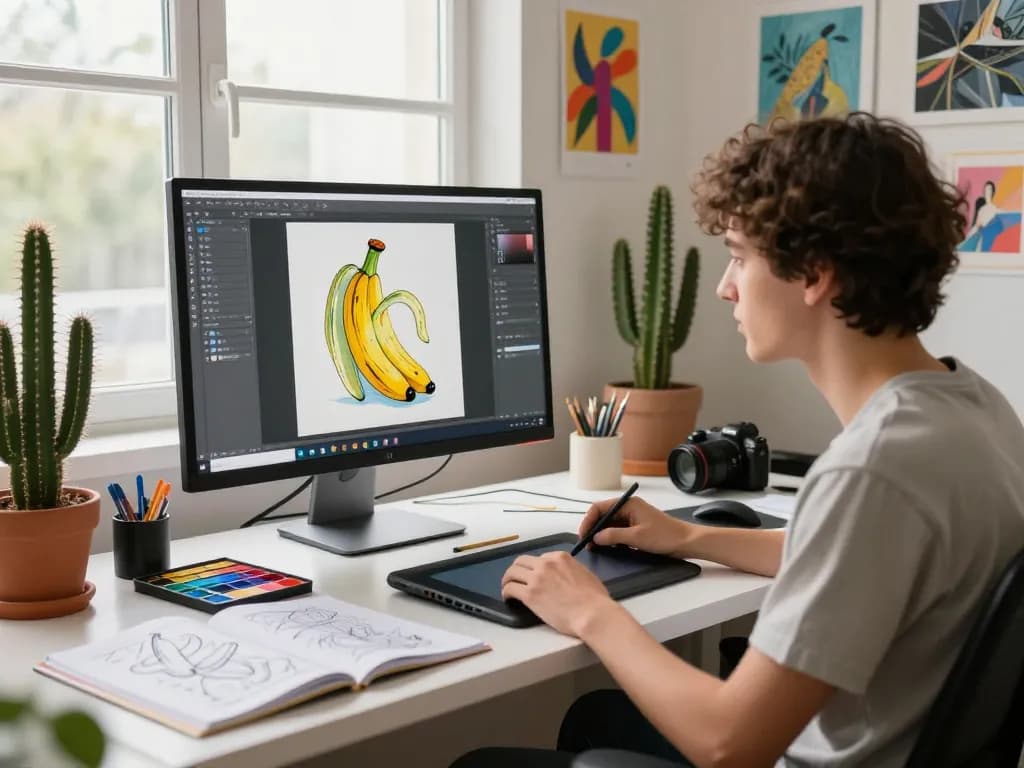 A young artist crafting AI-generated images with nano banana 2 in a bright digital art studio.