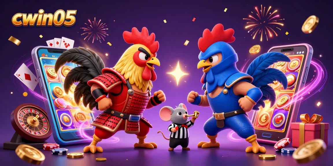 Experience the excitement of cwin05 with dynamic fighting roosters and casino elements in a vibrant 3D scene.