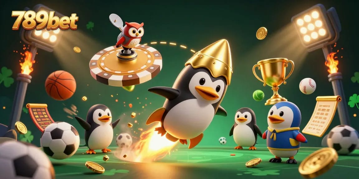 Win big with 789bet as a golden penguin rockets towards a casino space station, surrounded by sports elements.