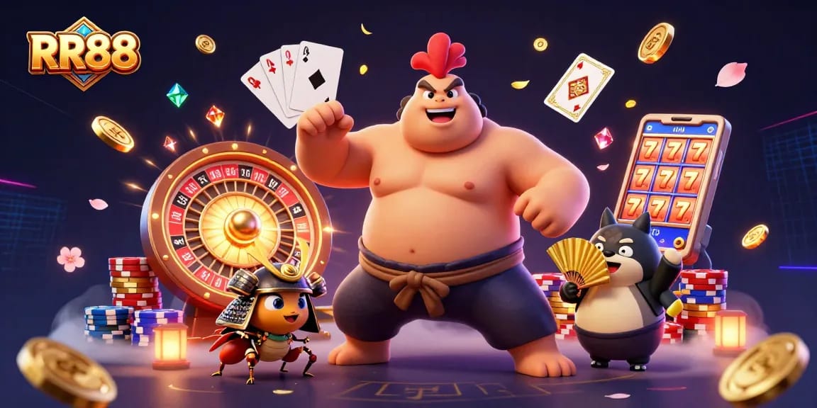 RR88 features thrilling gaming action with a powerful sumo wrestler and fierce samurai cricket amidst vibrant casino elements.