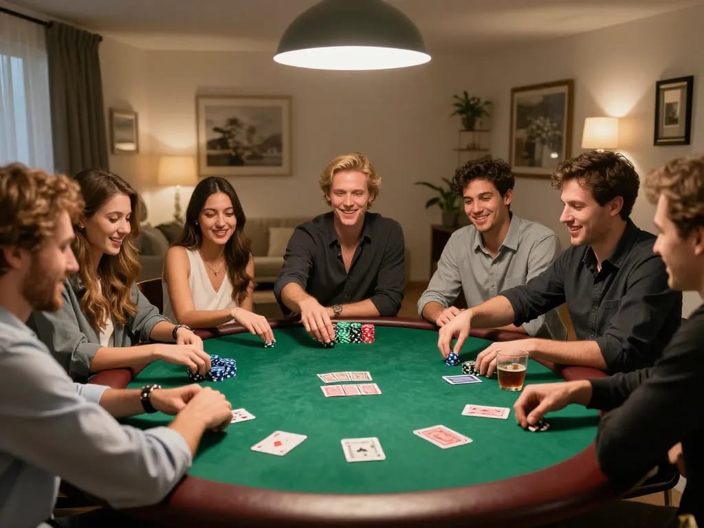 Chơi có trách nhiệm 79king at a lively home poker night, showcasing strategic gameplay among friends
