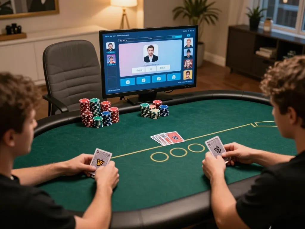 Players engaging in an exciting poker game on tg88com's online platform, showcasing cards and chips.