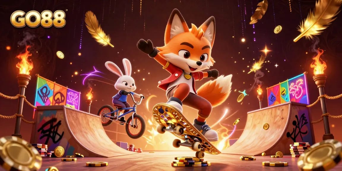 Experience the thrill of GO88 with energetic characters and vibrant casino elements in an exhilarating scene.