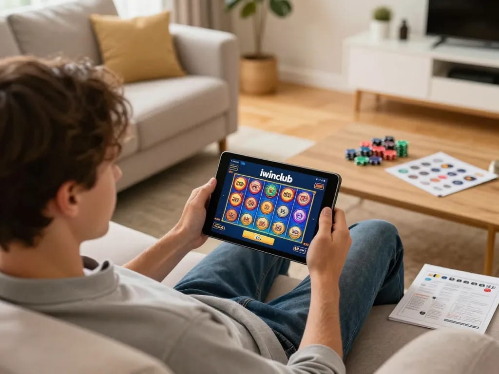 Online gaming experience with iwinclub featured on a tablet, showcasing player engagement.