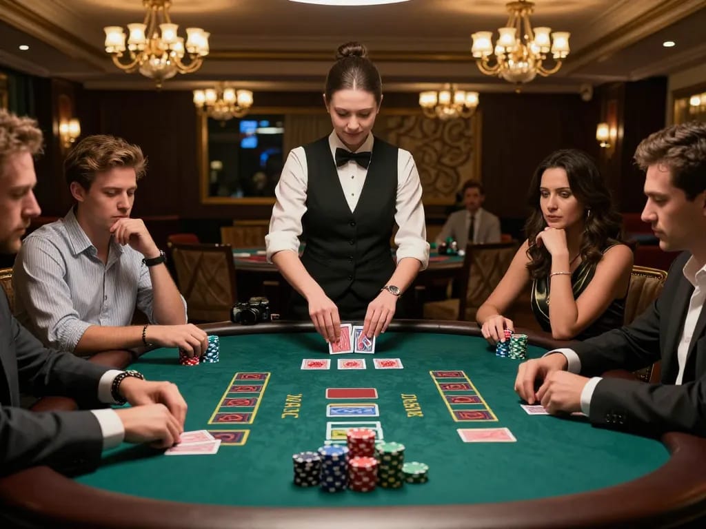 68win players engaged in strategic blackjack gameplay at an upscale casino table