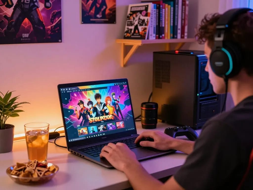 Engaging home office with a gamer enjoying free porn games on a laptop, vibrant graphics and cozy atmosphere.