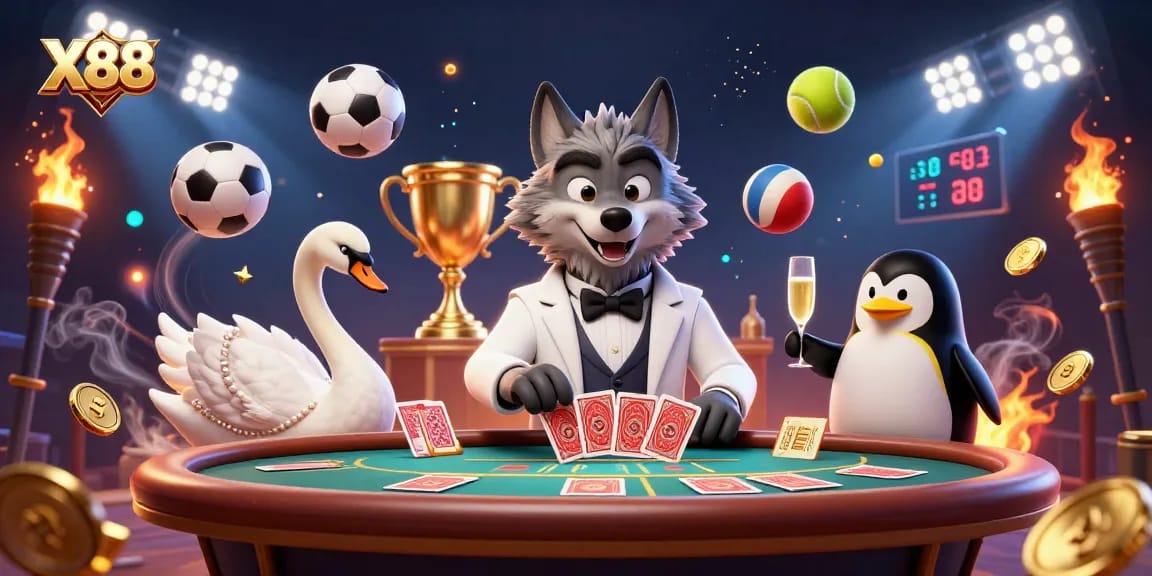 X88 offers an exciting casino experience with vibrant characters and dynamic elements showcasing baccarat and sports.