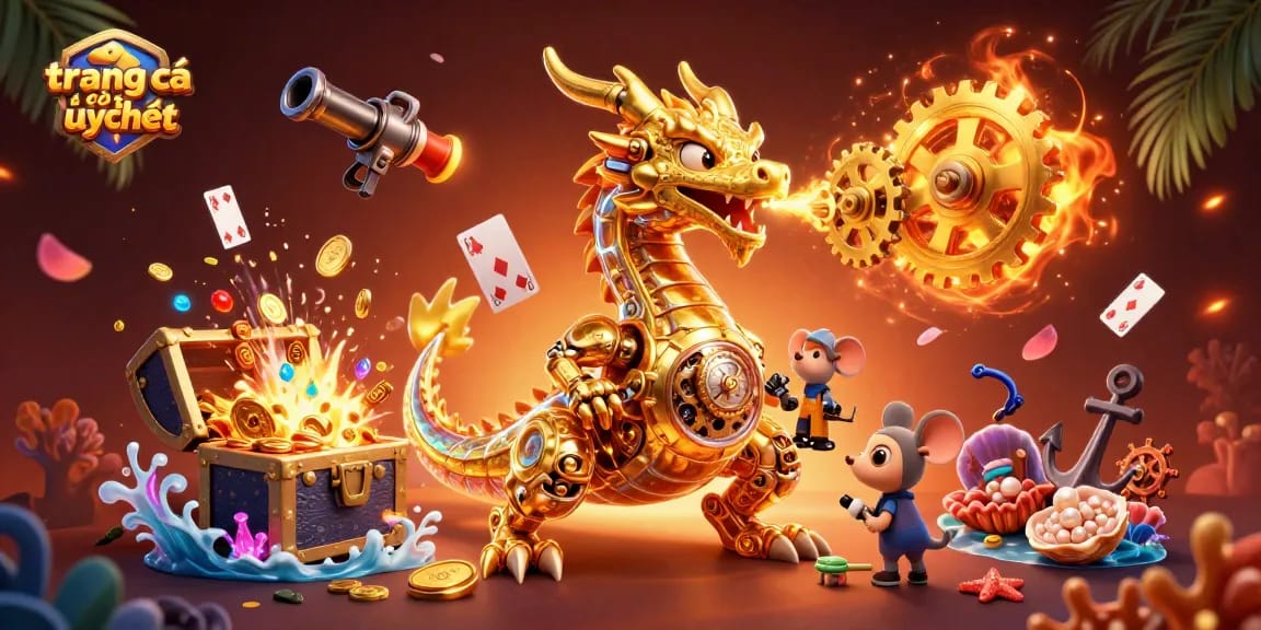 Explore the vibrant trang cá cược uy tín scene with a golden dragon and treasure, showcasing the excitement of online betting.
