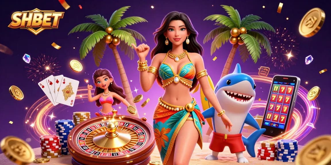 Experience excitement with SHBET as golden coins cascade amidst lively casino characters.