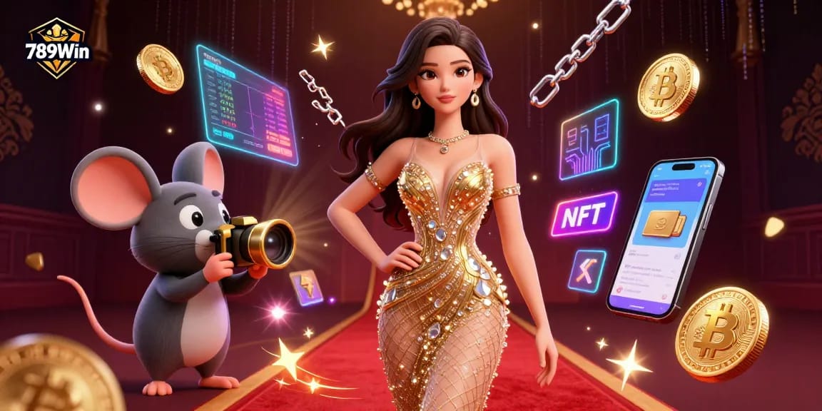 Play and win big with 789Win in a dazzling casino-themed illustration featuring vibrant crypto elements.