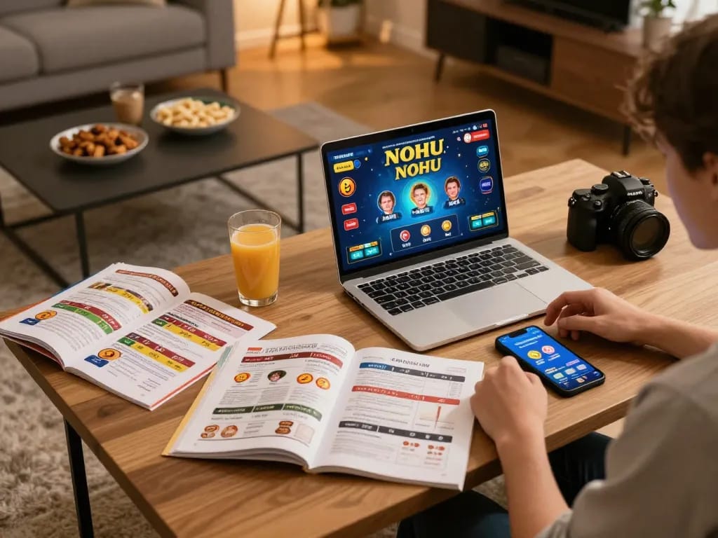Player enjoying NOHU 90 online gaming, showcasing strategic setup with laptop and game notes