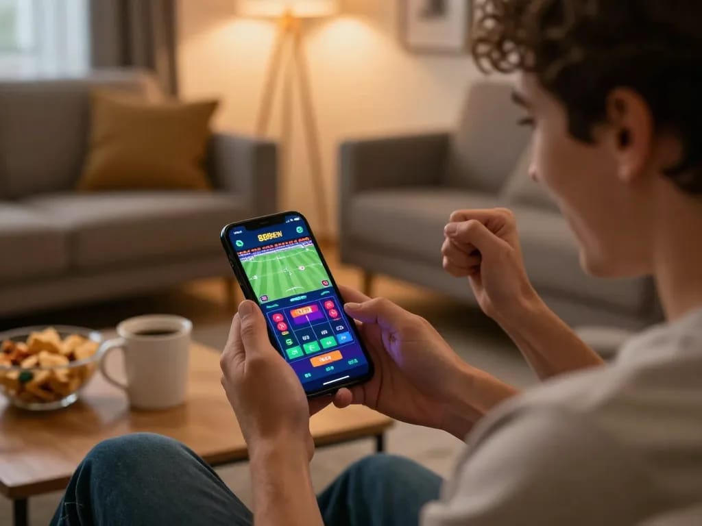 Betting excitement at home using the 888NEW app during an online gambling session.