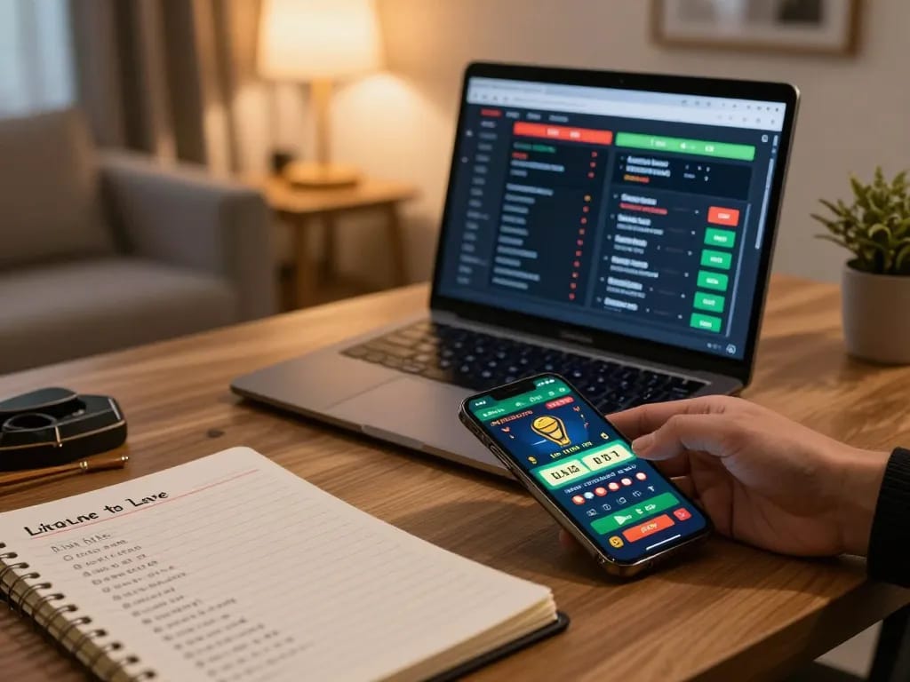 Engaging in sports betting on a mobile app, exploring Miễn Trừ Trách Nhiệm in a stylish home office setting