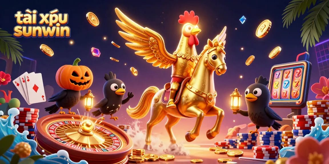Tài xỉu sunwin illuminates the midnight casino scene with golden rooster and shimmering treasures.