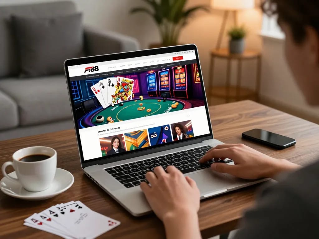 Playing poker online at F168 with a cozy laptop setup, showcasing strategic notes.