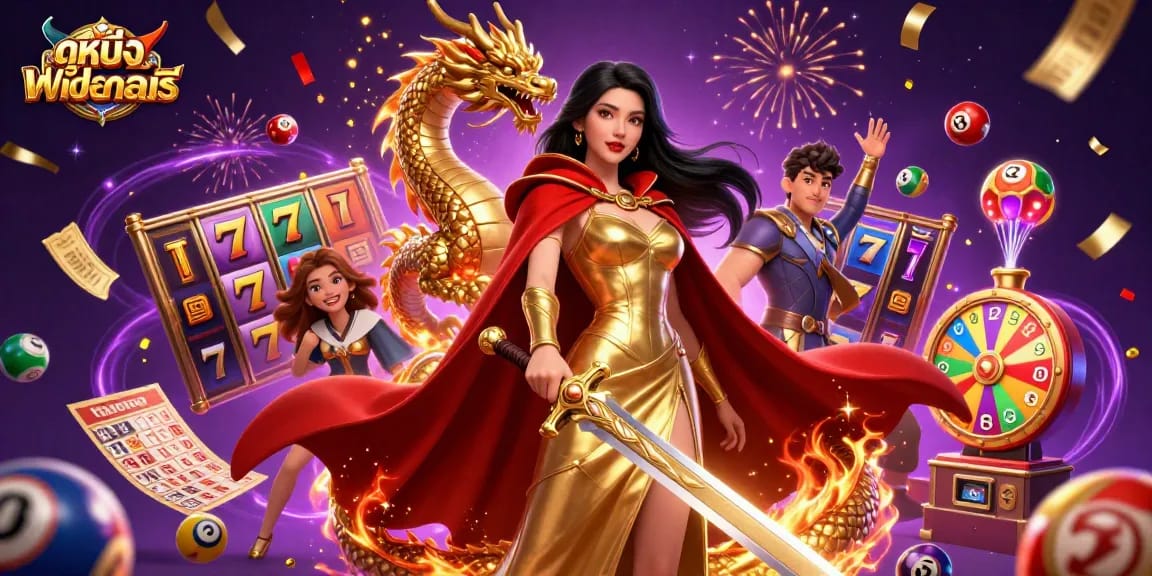 Play slot games and win big with ดูหนังออนไลน์ฟรี, featuring a warrior queen in a vibrant casino setting.
