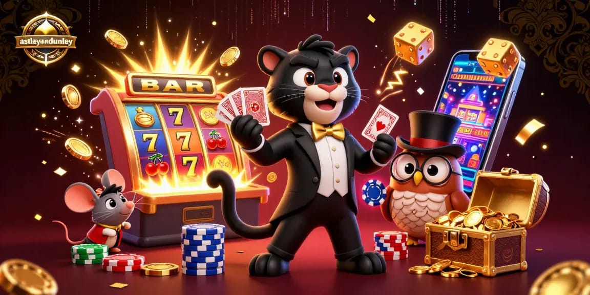 Experience thrilling gameplay at astleyanddunley with our vibrant casino scene featuring slot machines and playful characters.