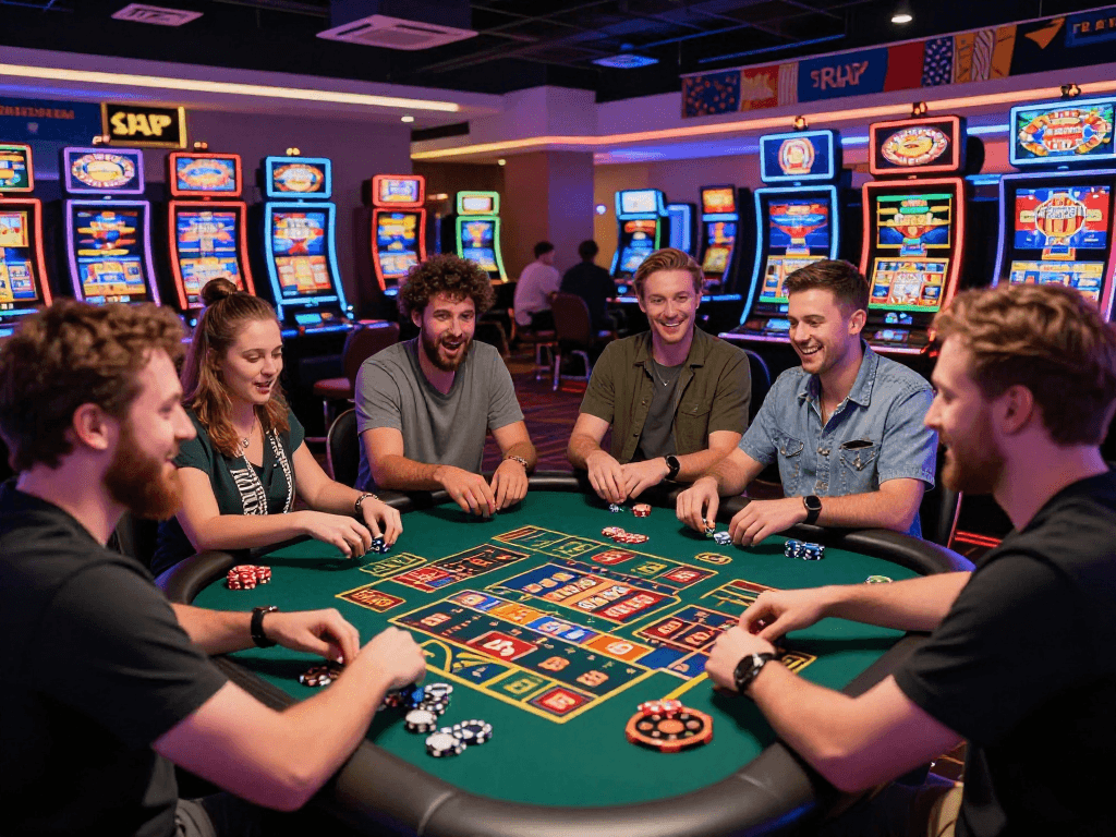 Excited players enjoying USA casinos for UK players, vibrant gaming scene with slots and roulette tables.