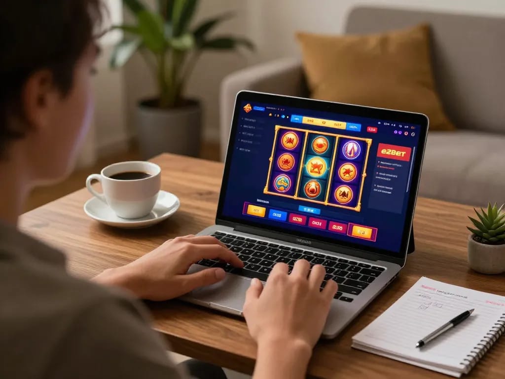 Engaged user playing e2bet online slots on a tablet in a cozy home setup with strategy notes.