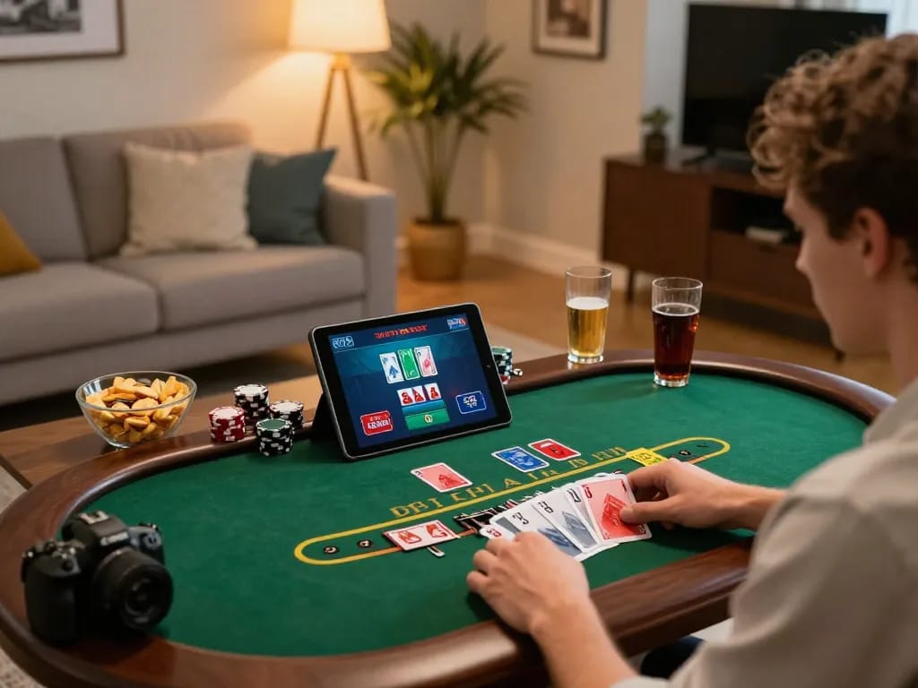 HB88 player enjoying a live blackjack game on tablet, showcasing responsible gambling approach.