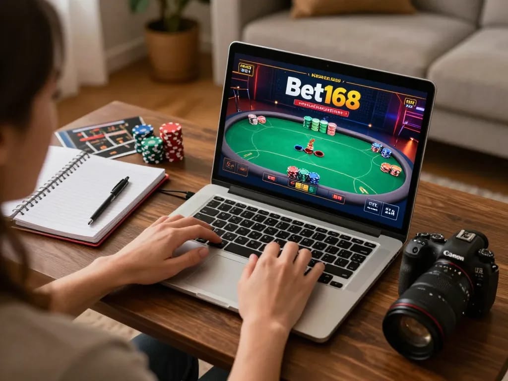 Engaged player using Bet168 for online poker in a cozy setting, showcasing strategic elements and responsible gaming.