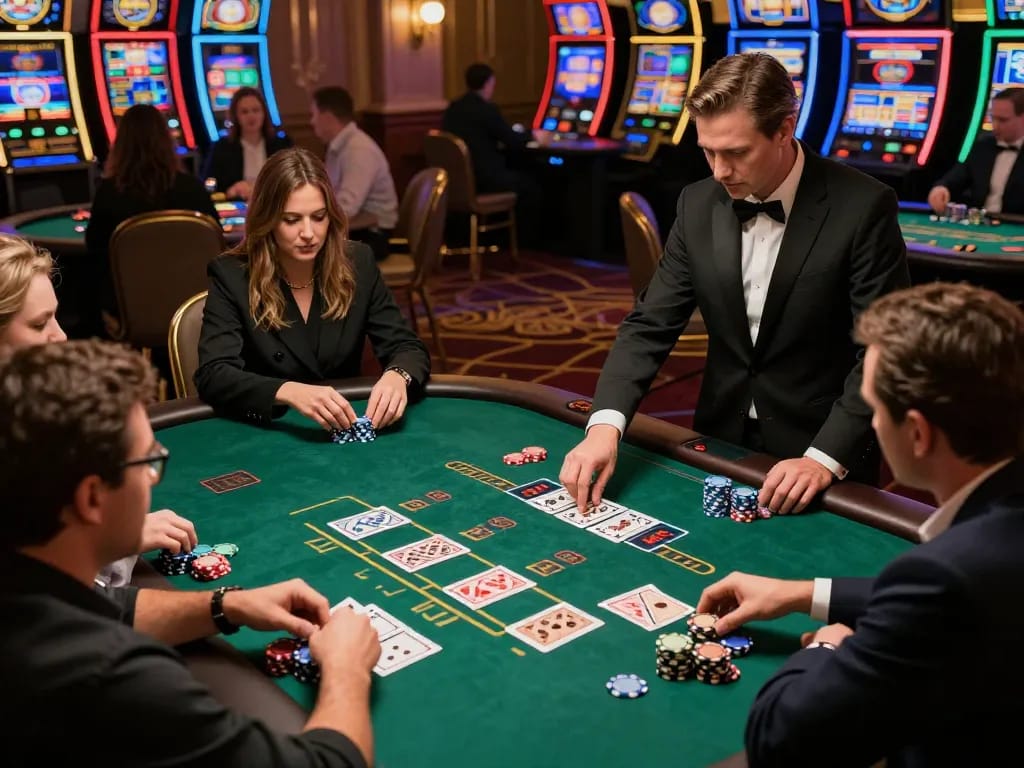 KK55 players engaged in an intense blackjack game, capturing strategies and excitement.