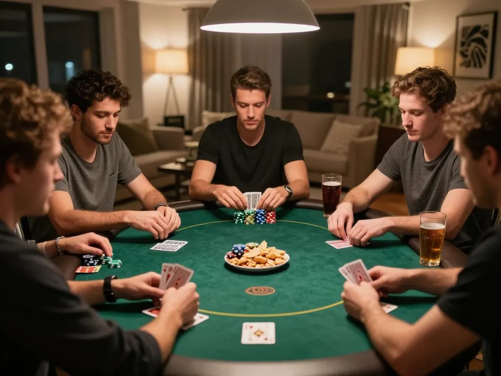 Engaged friends playing poker at home, experiencing thrilling gameplay with 88aa strategy notes visible