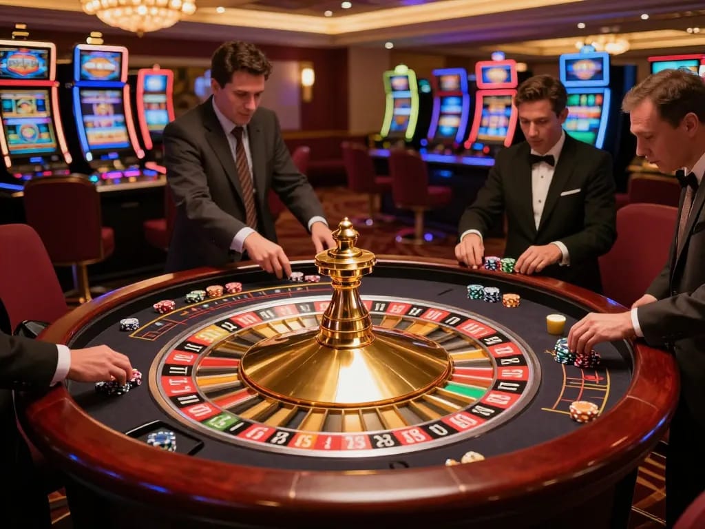 Players engaging in high-stakes roulette action at ok365's luxurious casino.