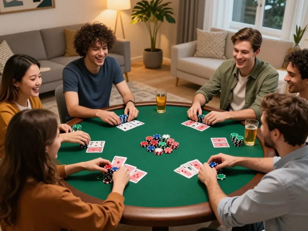 Friends playing game bài together in a cozy home atmosphere during poker night.