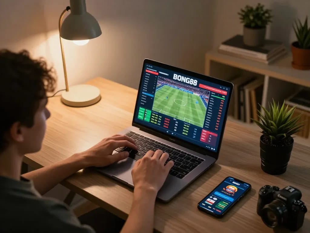 BONG88 online betting setup with a user engaging in live sports betting on a laptop, showcasing strategic gameplay.