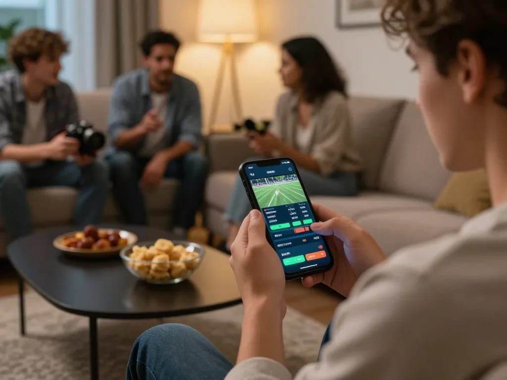 Fabet offers exciting sports betting action on a cozy home couch with live odds displayed on smartphone.