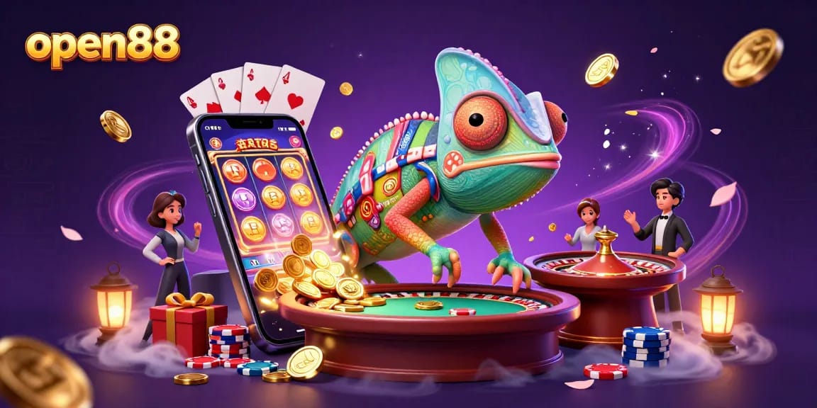 Spin and win at open88 with the vibrant chameleon casino owner in an enchanting gaming scene.