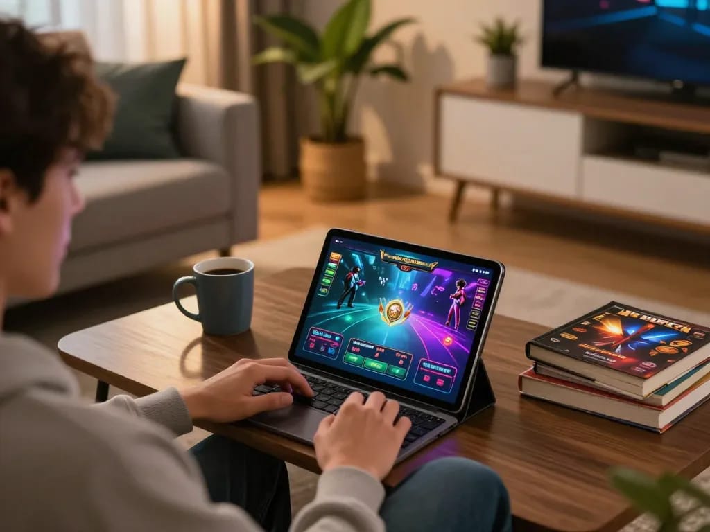 Experience online betting with 678vip in a cozy modern gaming environment featuring tablets and strategy books.
