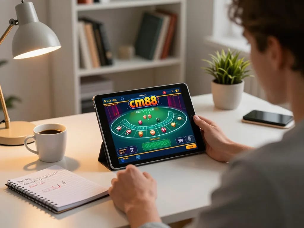 Person engaging in exciting cm88 online poker game at home, combining strategy and comfort.