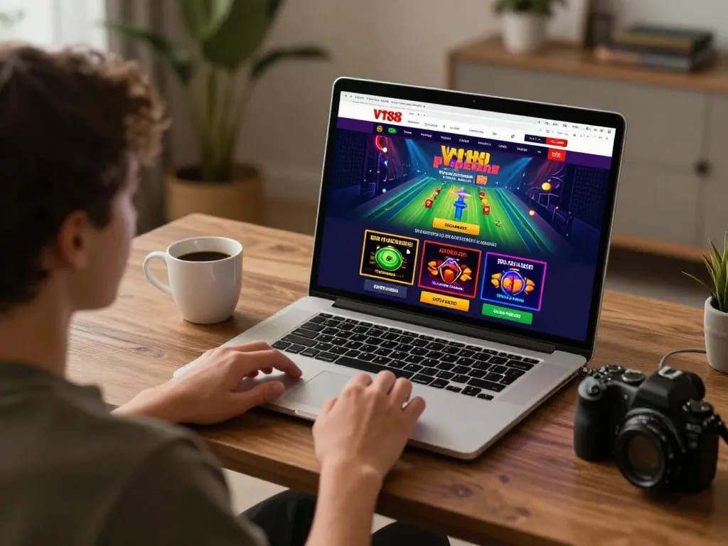 Engaged user exploring VT88 online casino game interface at home for a winning betting strategy
