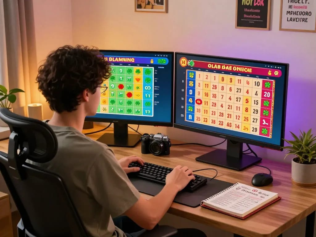 Engaged user exploring lô đề online with live betting options, dream symbols, and a cozy modern office.