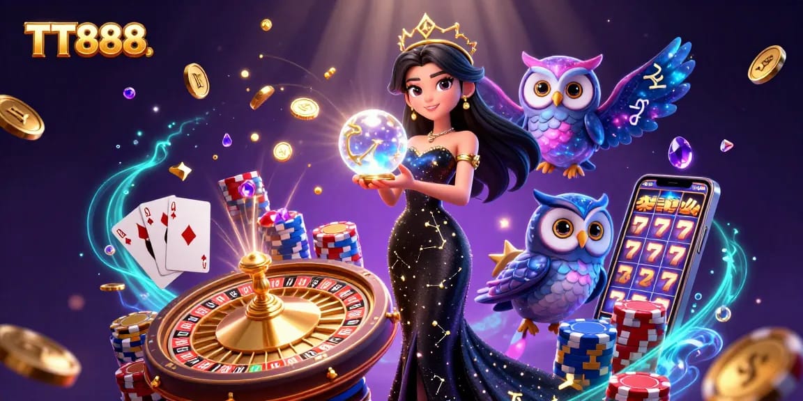 Experience the thrill of TT888 with a stunning casino scene showcasing a glamorous woman, mystical owl, and vibrant gaming elements.