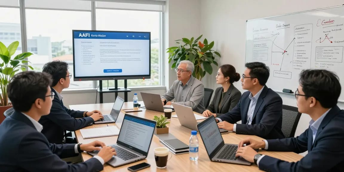 Professional auditors collaborating at a conference table, showcasing aafikotamedan.org training programs.