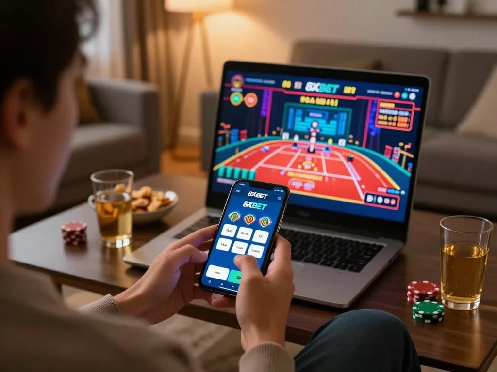 Engaging with the 8XBET mobile app while enjoying a cozy gaming night at home